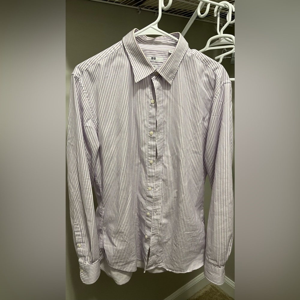 Uniqlo Men's Slim-Fit Dress Shirt White Purple Micro-Stripe Large New Condition
